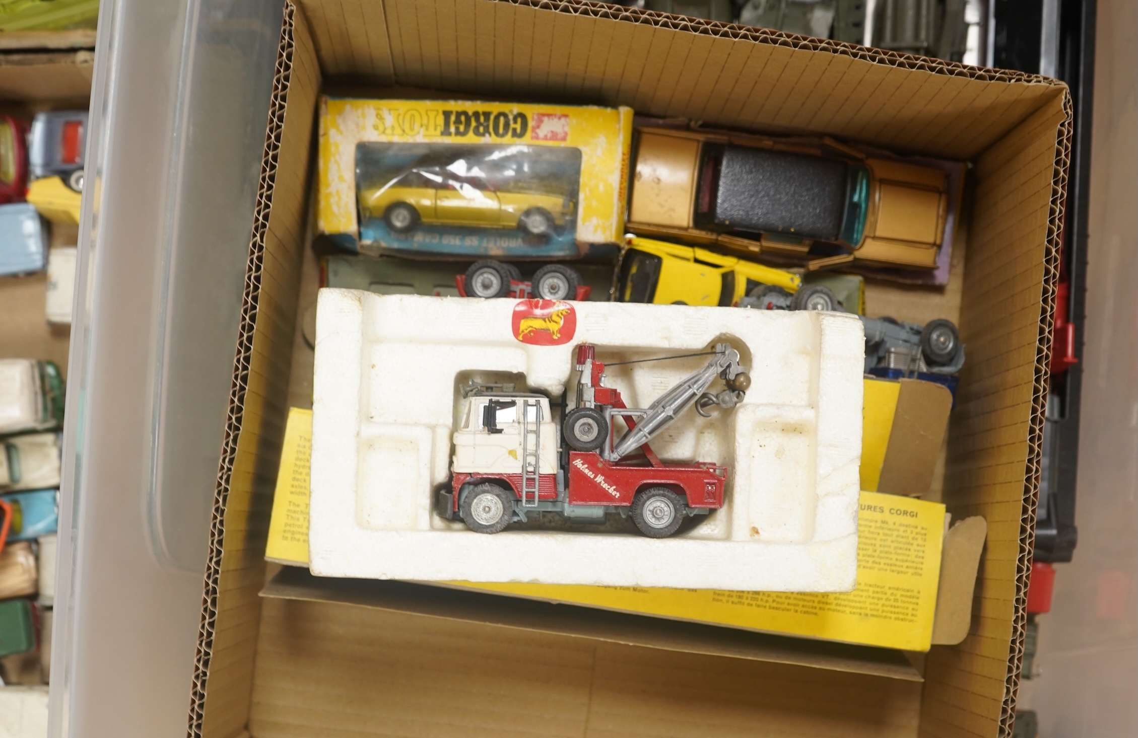 A collection of diecast vehicles by Dinky Toys, Corgi Toys, Husky, Matchbox Series, etc. including a good selection of French Dinky Toys military vehicles, original Chipperfields Circus vehicles, cars, commercial vehicle
